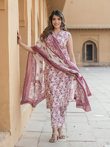 Mauve Floral Print Straight Kurta Trousers Dupatta Set