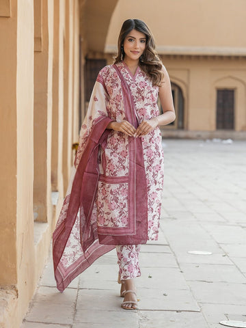 Mauve Floral Print Straight Kurta Trousers Dupatta Set