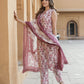 Mauve Floral Print Straight Kurta Trousers Dupatta Set