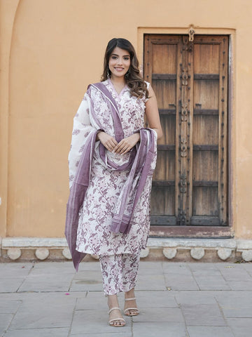 Pink Floral Print Straight Kurta Trousers Dupatta Set