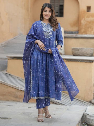 Blue Embroidered Anarkali Kurta Trousers Dupatta Set