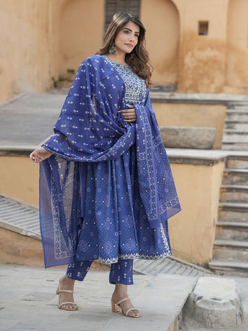 Blue Embroidered Anarkali Kurta Trousers Dupatta Set