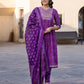 Orni Fashion Magenta Embroidered A-Line Naira cut Kurta Bottom And Dupatta Set