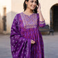 Orni Fashion Magenta Embroidered A-Line Naira cut Kurta Bottom And Dupatta Set