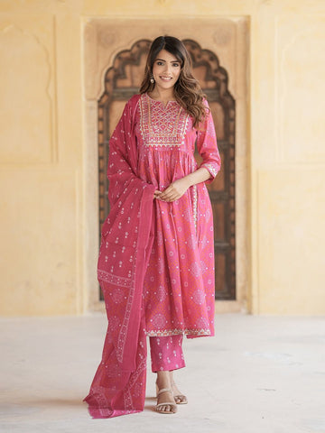 Pink Embroidered Anarkali Kurta Trousers Dupatta Set