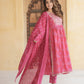 Pink Embroidered Anarkali Kurta Trousers Dupatta Set