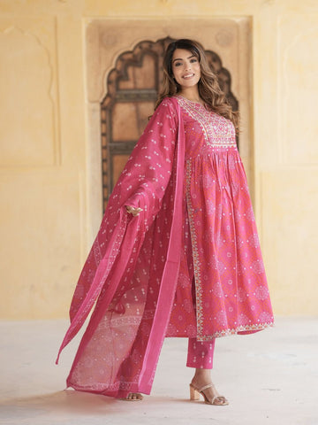 Pink Embroidered Anarkali Kurta Trousers Dupatta Set