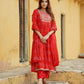 Red Embroidered Anarkali Trousers Kurta Bottom And Dupatta Set