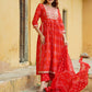 Red Embroidered Anarkali Trousers Kurta Bottom And Dupatta Set