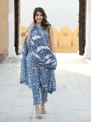 Blue Floral Print Straight Kurta Trousers Dupatta Set