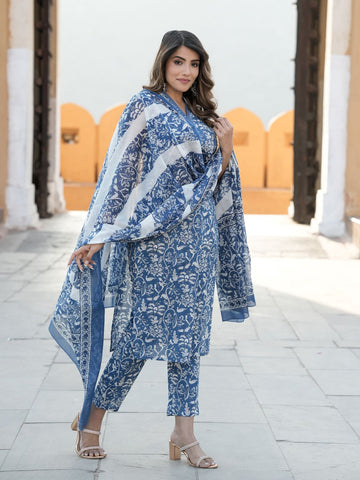 Blue Floral Print Straight Kurta Trousers Dupatta Set