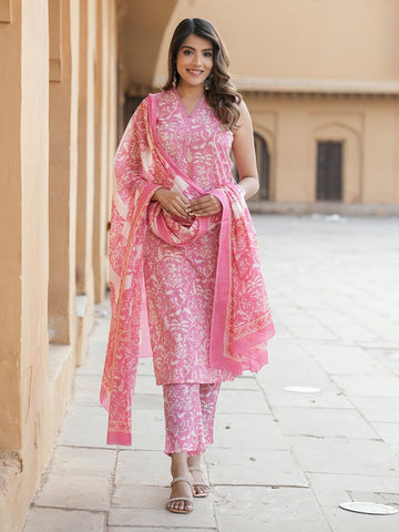 Beby Pink Floral Print Straight Kurta Trousers Dupatta Set