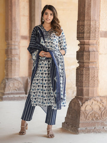 Blue Embroidered Straight Kurta Trousers Dupatta Set