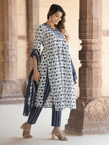 Blue Embroidered Straight Kurta Trousers Dupatta Set