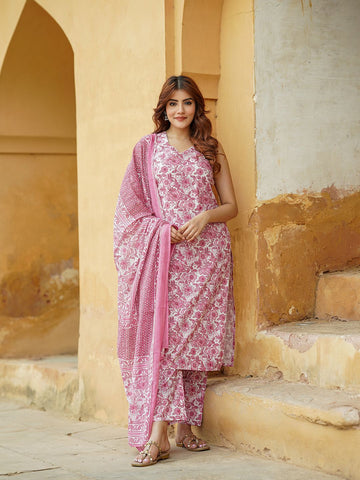 Pink Floral Straight Trousers Kurta Bottom And Dupatta Set