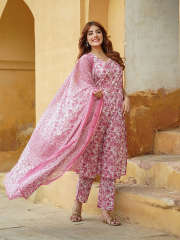 Pink Floral Straight Trousers Kurta Bottom And Dupatta Set