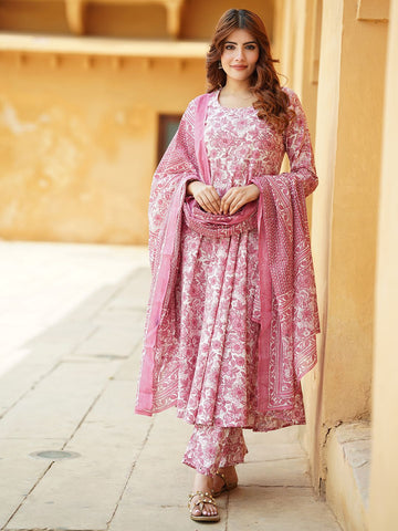 Orni Pink Floral Anarkali Trousers Kurta Bottom And Dupatta Set