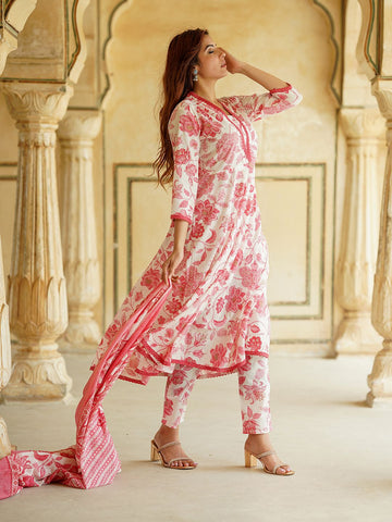 Orni Pink And White Floral Anarkali Trousers Kurta Bottom And Dupatta Set