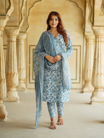 Blue And White Floral Anarkali Trousers Kurta Bottom And Dupatta Set