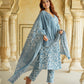 Blue And White Floral Anarkali Trousers Kurta Bottom And Dupatta Set