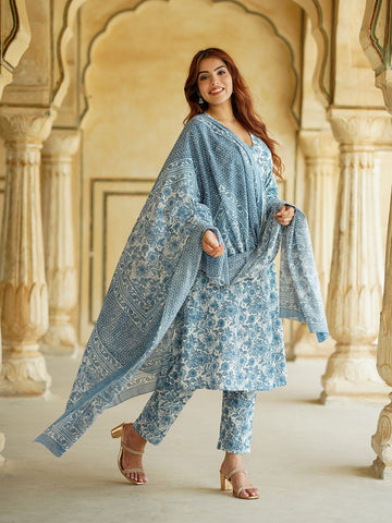 Blue And White Floral Anarkali Trousers Kurta Bottom And Dupatta Set