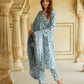 Blue And White Floral Anarkali Trousers Kurta Bottom And Dupatta Set