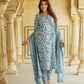 Blue And White Floral Anarkali Trousers Kurta Bottom And Dupatta Set