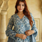 Blue And White Floral Anarkali Trousers Kurta Bottom And Dupatta Set