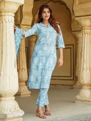 Sky Blue Floral Straight Trousers Kurta Bottom And Dupatta Set