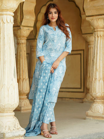 Sky Blue Floral Straight Trousers Kurta Bottom And Dupatta Set