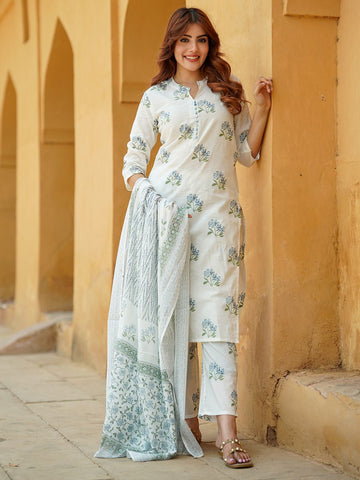 White Floral Straight Trousers Kurta Bottom And Dupatta Set