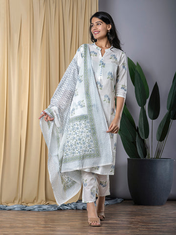 Orni Fashion White Printed Straight Trousers Kurta set