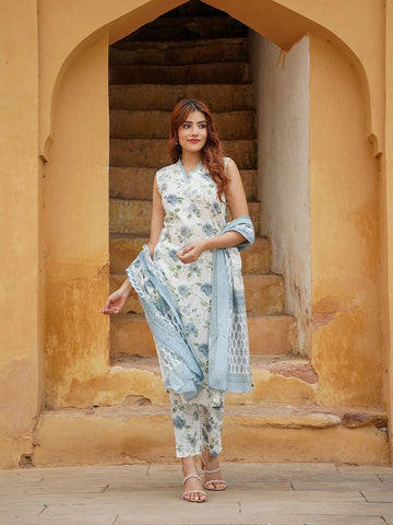 Grey and White Floral Straight Trousers Kurta Bottom And Dupatta Set