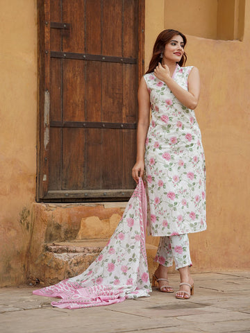 peach and White Floral Straight Trousers Kurta Bottom And Dupatta Set