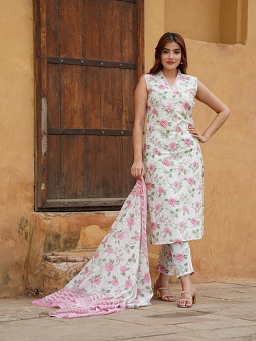 peach and White Floral Straight Trousers Kurta Bottom And Dupatta Set