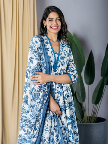 Orni Fashion Blue And White Printed Anarkali Trousers Kurta Bottom And Dupatta Set