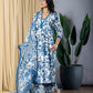 Orni Fashion Blue And White Printed Anarkali Trousers Kurta Bottom And Dupatta Set