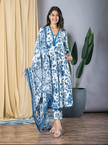 Orni Fashion Blue And White Printed Anarkali Trousers Kurta Bottom And Dupatta Set