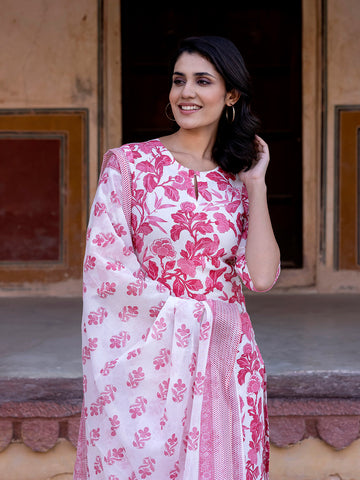 Orni Fashion Pink And White Printed Straight Kurta Bottom And Dupatta Set