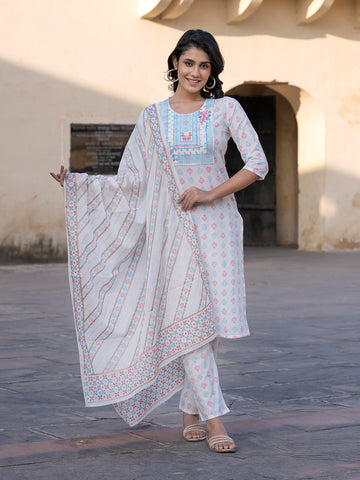 Orni Fashion White Embroidered Straight Kurta Bottom And Dupatta Set