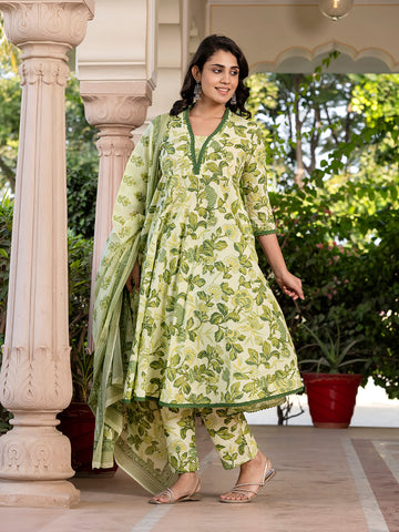 Orni Fashion Green Printed Anarkali Kurta Bottom And Dupatta Set