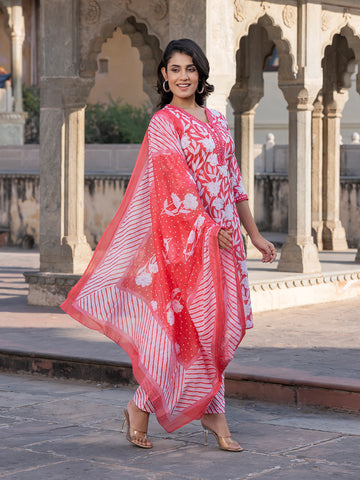 Orni Fashion Pink And White Embroidered Straight Kurta Bottom And Dupatta Set