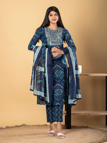 Orni Fashion Blue Bandhej Print Straight Kurta Bottom And Dupatta Set