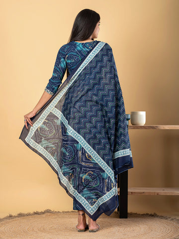Orni Fashion Blue Bandhej Print Straight Kurta Bottom And Dupatta Set
