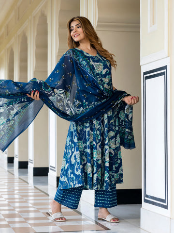 Orni Fashion Blue Floral print A-Line Kurta Bottom And Dupatta Set