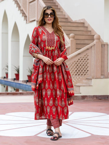 Orni Fashion Red Ethnic Motifs A-Line Kurta Bottom And Dupatta Set