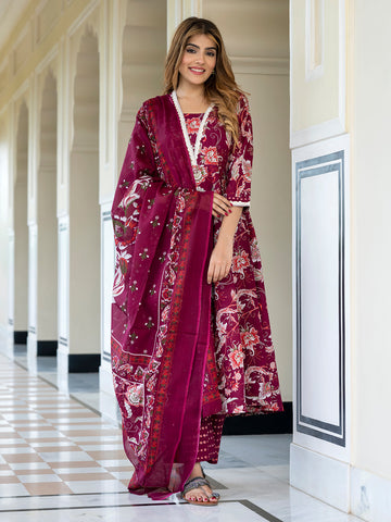 Orni Fashion Burgundy Floral print Anarkali Kurta Bottom And Dupatta Set