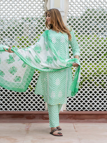 Orni Fashion Turquoise And White Striped Straight Kurta Bottom And Dupatta Set