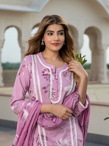 Orni Fashion Mauve Floral print Straight Kurta Bottom And Dupatta Set