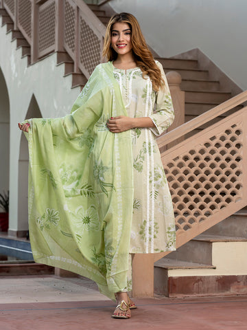 Orni Fashion Sage Green Floral print Straight Kurta Bottom And Dupatta Set